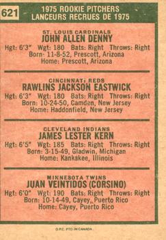 1975 O-Pee-Chee #621 1975 Rookie Pitchers (John Denny / Rawly Eastwick / Jim Kern / Juan Veintidos) Back