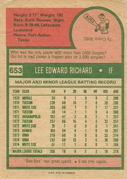 1975 O-Pee-Chee #653 Lee Richard Back