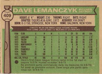 1976 O-Pee-Chee #409 Dave Lemanczyk Back