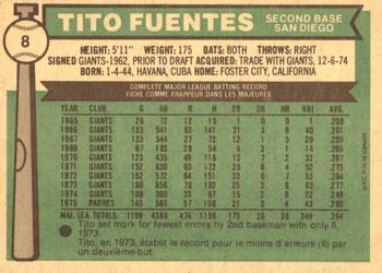1976 O-Pee-Chee #8 Tito Fuentes Back