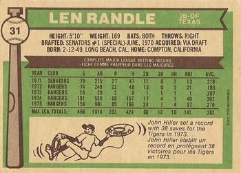 1976 O-Pee-Chee #31 Len Randle Back