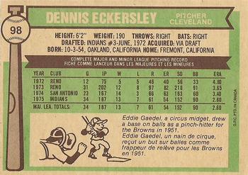 1976 O-Pee-Chee #98 Dennis Eckersley Back