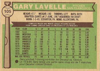 1976 O-Pee-Chee #105 Gary Lavelle Back