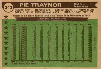 1976 O-Pee-Chee #343 Pie Traynor Back