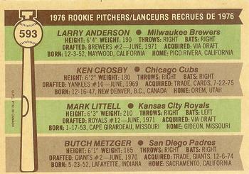 1976 O-Pee-Chee #593 1976 Rookie Pitchers (Larry Anderson / Ken Crosby / Mark Littell / Butch Metzger) Back