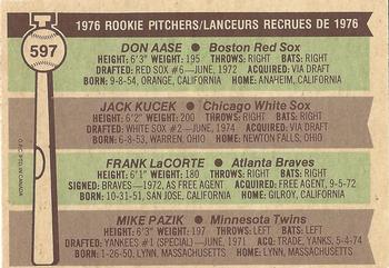 1976 O-Pee-Chee #597 1976 Rookie Pitchers (Don Aase / Jack Kucek / Frank LaCorte / Mike Pazik) Back