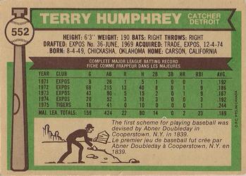 1976 O-Pee-Chee #552 Terry Humphrey Back