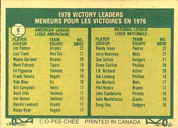 1977 O-Pee-Chee #5 1976 Victory Leaders (Jim Palmer / Randy Jones) Back