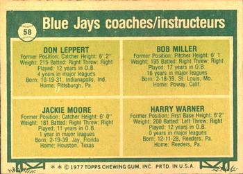 1977 O-Pee-Chee #58 Blue Jays Coaches (Don Leppert / Bob Miller / Jackie Moore / Harry Warner) Back