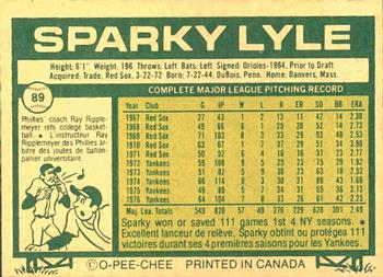 1977 O-Pee-Chee #89 Sparky Lyle Back