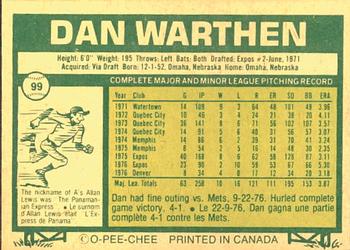 1977 O-Pee-Chee #99 Dan Warthen Back