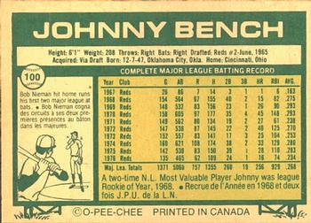 1977 O-Pee-Chee #100 Johnny Bench Back