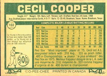 1977 O-Pee-Chee #102 Cecil Cooper Back