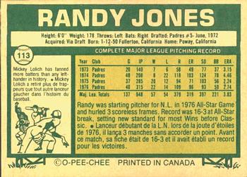 1977 O-Pee-Chee #113 Randy Jones Back