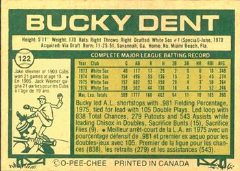 1977 O-Pee-Chee #122 Bucky Dent Back