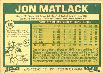 1977 O-Pee-Chee #132 Jon Matlack Back