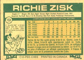 1977 O-Pee-Chee #152 Richie Zisk Back
