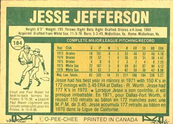 1977 O-Pee-Chee #184 Jesse Jefferson Back