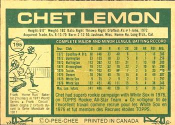 1977 O-Pee-Chee #195 Chet Lemon Back