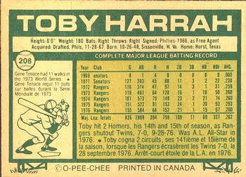 1977 O-Pee-Chee #208 Toby Harrah Back