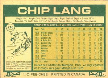 1977 O-Pee-Chee #216 Chip Lang Back