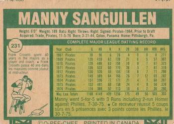1977 O-Pee-Chee #231 Manny Sanguillen Back