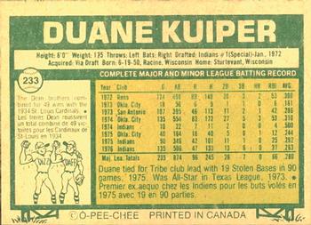 1977 O-Pee-Chee #233 Duane Kuiper Back