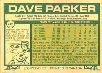 1977 O-Pee-Chee #242 Dave Parker Back