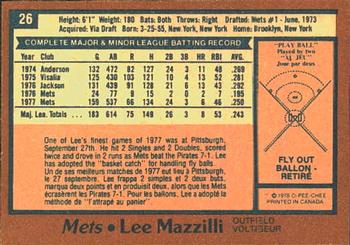 1978 O-Pee-Chee #26 Lee Mazzilli Back