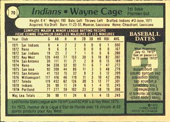1979 O-Pee-Chee #70 Wayne Cage Back