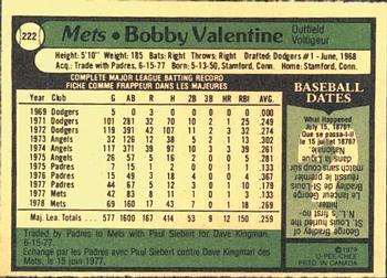 1979 O-Pee-Chee #222 Bobby Valentine Back