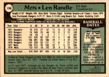 1979 O-Pee-Chee #236 Len Randle Back