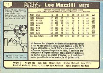 1980 O-Pee-Chee #11 Lee Mazzilli Back