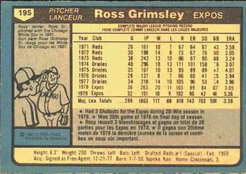 1980 O-Pee-Chee #195 Ross Grimsley Back