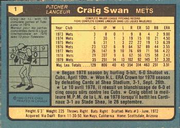 1980 O-Pee-Chee #1 Craig Swan Back