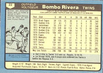 1980 O-Pee-Chee #22 Bombo Rivera Back