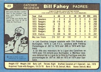1980 O-Pee-Chee #23 Bill Fahey Back