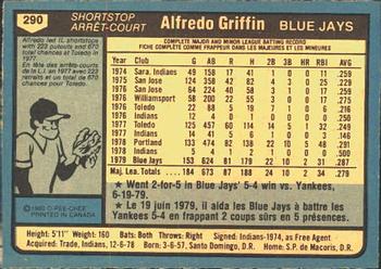 1980 O-Pee-Chee #290 Alfredo Griffin Back