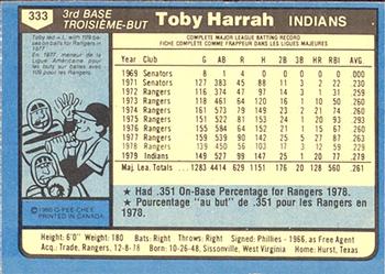 1980 O-Pee-Chee #333 Toby Harrah Back