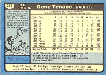 1980 O-Pee-Chee #355 Gene Tenace Back