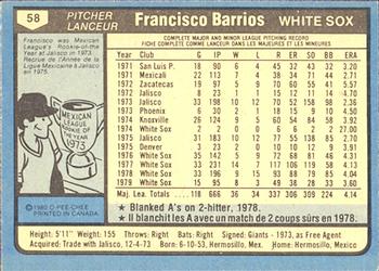 1980 O-Pee-Chee #58 Francisco Barrios Back