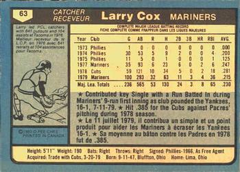 1980 O-Pee-Chee #63 Larry Cox Back