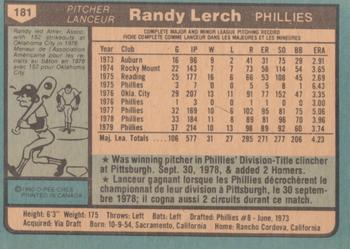 1980 O-Pee-Chee #181 Randy Lerch Back