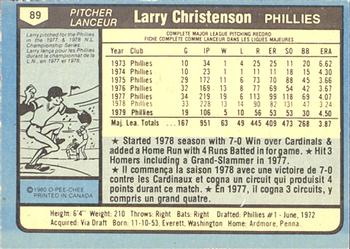 1980 O-Pee-Chee #89 Larry Christenson Back