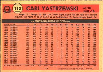 1981 O-Pee-Chee #110 Carl Yastrzemski Back