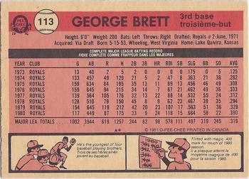 1981 O-Pee-Chee #113 George Brett Back