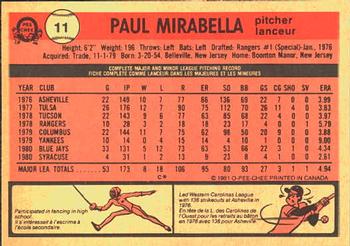 1981 O-Pee-Chee #11 Paul Mirabella Back
