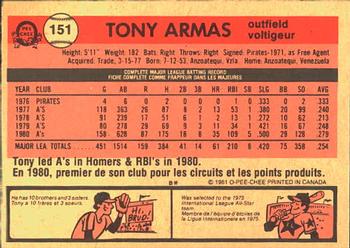 1981 O-Pee-Chee #151 Tony Armas Back