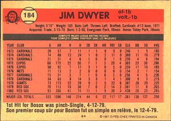 1981 O-Pee-Chee #184 Jim Dwyer Back