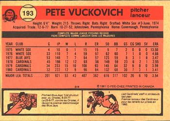1981 O-Pee-Chee #193 Pete Vuckovich Back
